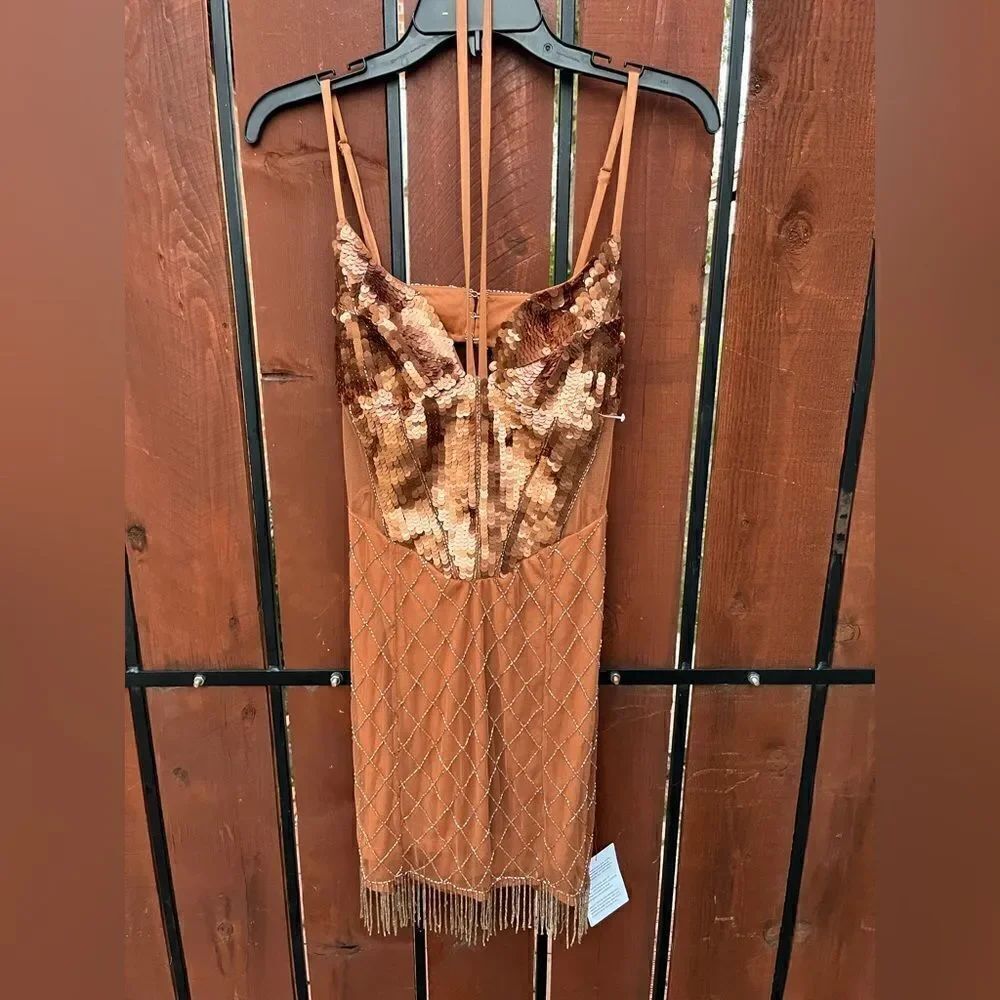 ASOS Bronze Embellished Sequined Fringe dress size 6